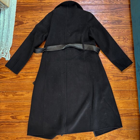 Tahari Faux Leather - Trim Belted Wrap Coat - Black - Women's Size L - Picture 3 of 7